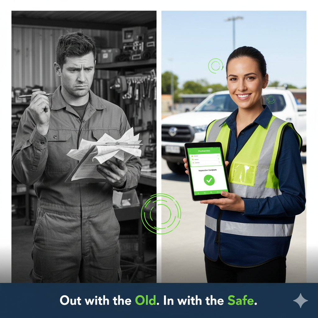 Split-screen comparison between paper-based and digital systems